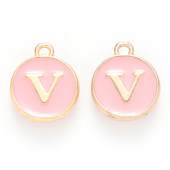 Letter V Golden Plated Alloy Enamel Charms, Cadmium Free & Lead Free, Enamelled Sequins, Flat Round with Letter, Pink, Letter.V, 14x12x2mm, Hole: 1.5mm