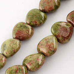 Olive Drab Natural Unakite Bead Strands, Heart, Olive Drab, 10x10x5mm, Hole: 1mm, about 40pcs/strand, 15.3 inch