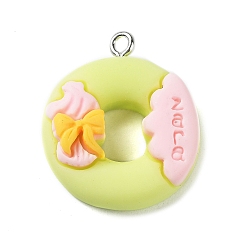 Green Yellow Opaque Resin Imitation Food Pendants, Donut Charms with Platinum Plated Iron Loops for DIY Necklace, Green Yellow, 26.5x24x8mm, Hole: 1.9mm