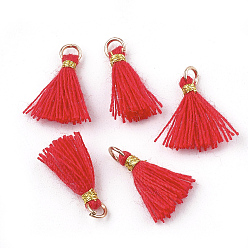 Red Polycotton(Polyester Cotton) Tassel Pendant Decorations, Mini Tassel, with Iron Findings and Metallic Cord, Light Gold, Red, 10~15x2~3mm, Hole: 1.5mm
