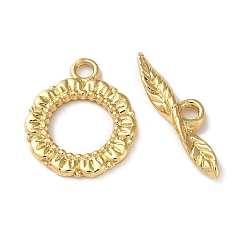 Real 18K Gold Plated Rack Plating Brass Toggle Clasps, Long-Lasting Plated, Lead Free & Cadmium Free, Leaf & Flower, Real 18K Gold Plated, Flower: 20x17x2mm, Hole: 2.2mm, Leaf: 6x24x3mm, Hole: 2.2mm