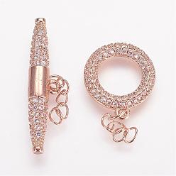 Rose Gold Brass Micro Pave Cubic Zirconia Ring Toggle Clasps, Rose Gold, Ring: 15x13x2mm, Bar: 6x27x4mm.