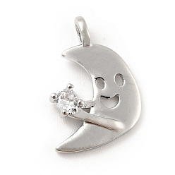 Platinum Moon with Smiling Face Brass Micro Pave Clear Cubic Zirconia Pendants, Cadmium Free & Lead Free, Platinum, 17x13x2.5mm, Hole: 1.6mm