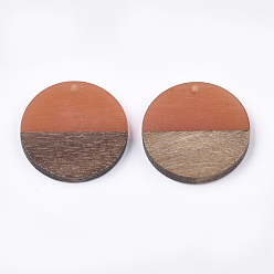 Coral Resin & Walnut Wood Pendants, Flat Round, Coral, 28.5x3.5~4mm, Hole: 1.5mm