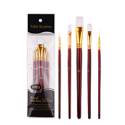 Dark Red Painting Brush Set, Nylon Brush Head with Wooden Handle and Gold Plated Aluminium Tube, for Watercolor Painting Artist Professional Painting, Dark Red, 18~20.5cm, 5pcs/set