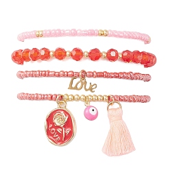 Rouge 4 pcs 4 style mauvais œil thème de la Saint-Valentin alliage émail et polycoton (coton polyester) ensemble de bracelets à breloques à pampilles, verre perles bracelets extensibles, rouge, diamètre intérieur: 2-1/8 pouce (5.4 cm), 1 pc / style