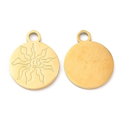 Real 18K Gold Plated Ion Plating(IP) 316L Surgical Stainless Steel Pendants, Flat Round with Sun Charm, Real 18K Gold Plated, 17x13.5x1mm, Hole: 2.2mm