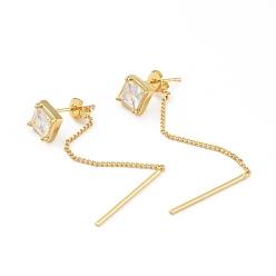 Real 18K Gold Plated Clear Cubic Zirconia Rhombus with Tassel Front Back Stud Earrings, Brass Long Drop Earrings for Women, Cadmium Free & Lead Free, Real 18K Gold Plated, 59mm, Pin: 0.6mm