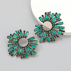 Emerald Shiny Rhinestone Irregular Statement Stud Earrings, Sun Shape Alloy Earrings for Women, Emerald, 58x68mm