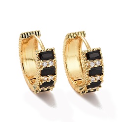 Black Cubic Zirconia Rectangle Hoop Earrings, Golden Brass Jewelry for Women, Black, 20.5x22x7mm, Pin: 1.2mm