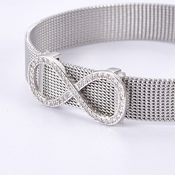 Stainless Steel Color Unisex 304 Stainless Steel Watch Band Wristband Bracelets, with Brass Micro Pave Cubic Zirconia Slider Charms, Infinity, Stainless Steel Color, 8-5/8 inch(21.8cm), 10mm