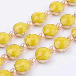 Gold Opaque Glass Beads Strands, with Brass Findings, Faceted, Flat Round, Golden, Gold, 14x9mm, Hole: 1mm, about 10pcs/strand, 7.4 inch (19cm)