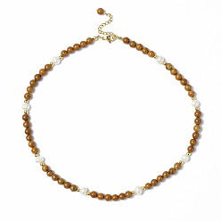 Pétrifié En Bois Collier en bois pétrifié naturel, perles et perles de verre avec fermoir en acier inoxydable pour femme, 304 pouce (18.11 cm)