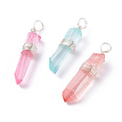 Silver Natural Dyed Quartz Pendants, with Copper Wire Wrapped, Mixed Color, Chip, Silver, 29~37x5~8mm, Hole: 4mm