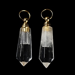 Quartz Crystal Natural Quartz Crystal Perfume Bottle Pendants, Essentail Oil Diffuser Faceted Bullet Charms with Golden Tone Stainless Steel Findings, for Jewelry Making, 48~50x14~14.5x15.5~16mm, Hole: 10.5mm