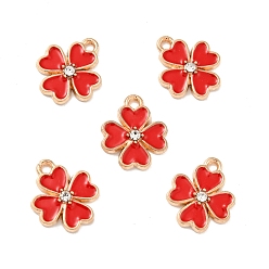 Red Alloy Enamel Pendants, with Rhinestone, Light Gold, Clover, Red, 15.5x13x2.5mm, Hole: 1.8mm