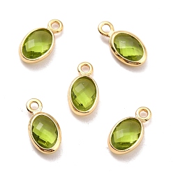 Olive Eco-Friendly Brass with Glass Pendants,  Long-Lasting Plated, Lead Free & Cadmium Free & Nickel Free, Oval, Real 18K Gold Plated, Olive, 9x4.5x2mm, Hole: 1.2mm