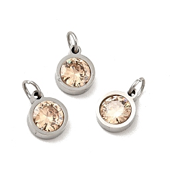 PeachPuff 304 Stainless Steel Pendants, with Cubic Zirconia and Jump Rings, Single Stone Charms, Flat Round, Stainless Steel Color, PeachPuff, 9.5x7.5x3mm, Hole: 3.6mm