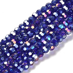 Dark Blue Electroplate Glass Beads Strands, AB Color Plated, Faceted(32 Facets), Round, Dark Blue, 4mm, Hole: 0.5mm, about 100pcs/strand, 14.2 inch