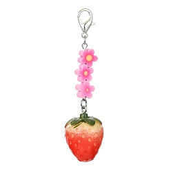 Strawberry Fruit Resin Pendant Decoration, Zinc Alloy Lobster Claw Clasps and Flower Polymer Clay Beads Charm, Strawberry, 80mm