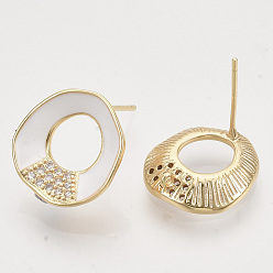 White Brass Micro Pave Cubic Zirconia Stud Earring Findings, Enamel and Loop, Nickel Free, Real 18K Gold Plated, Ring, White, 15x14.5mm, Hole: 1mm, Pin: 0.7mm