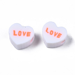 Blanco Abalorios de la arcilla de polímero hechos a mano, corazón con la palabra amor, blanco, 8~8.5x9~9.5x4.5 mm, agujero: 1.8 mm