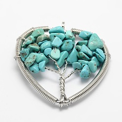 Synthetic Turquoise Tree of Life Synthetic Turquoise Bead Brass Wire Wrapped Heart Big Pendants, Cadmium Free & Nickel Free & Lead Free, Platinum, 45~50x48~52x6~9mm, Hole: 4~6mm