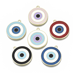Mixed Color Alloy Enamel Pendants, Cadmium Free & Lead Free, Light Gold, Flat Round with Vortex, Mixed Color, 27.5x25x2mm, Hole: 1.8mm