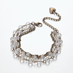 Cristal de Quartz Pierres précieuses perles bracelets à la mode multi-brins, perles de verre, des chaînes de fer et d'alliage de zinc homard fermoirs griffe, 185mm