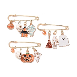 Mixed Color 3Pcs 3 Style Halloween Skull & Ghost & Pumpkin Enamel Safety Pin Brooch, Golden Alloy Badges for Backpack Clothes, Mixed Color, 19~42x49.5x4.5mm, 1Pc/style