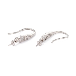 Real Platinum Plated Rack Plating Brass Micro Pave Cubic Zirconia Earring Hooks, with Pin Bails, Long-Lasting Plated, Real Platinum Plated, 20mm, 21 Gauge, Pin: 0.7mm, Bail Pin: 0.6mm