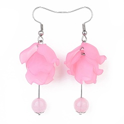 Pink Pendants d'oreilles, avec 304 accessoires en acier inoxydable, pendentifs acryliques et quartz rose naturel, fleur, rose, 59~63mm, Pendentif: 40~44x20x14mm, broches: 0.7mm