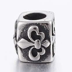Antique Silver 304 Stainless Steel European Beads, Large Hole Beads, Cuboid with Fleur De Lis, Antique Silver, 7.5x8x7mm, Hole: 4mm
