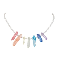 Colorful Dyed Natural Crackle Quartz Crystal Bullet Bib Necklaces, with Shell Pearl Beaded, Colorful, 16.14 inch(410mm)