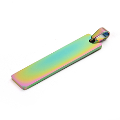 Rainbow Color Placage ionique (ip) 304 pendentifs en acier inoxydable, Coupe au laser, estampillage d'une étiquette vierge, rectangle, couleur arc en ciel, 41x10x1.4mm, Trou: 6mm