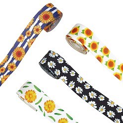 Mixed Color Polyester Grosgrain Ribbon, Single Face, Chrysanthemum Pattern, Mixed Color, 1 inch(25mm), 10yards/roll(9.14m/roll), 4rolls/set