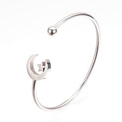 Stainless Steel Color 304 Stainless Steel Cuff Bangle Making, with 201 Stainless Steel Beads, Moon with Star, Stainless Steel Color, 2-3/8 inch(59mm)