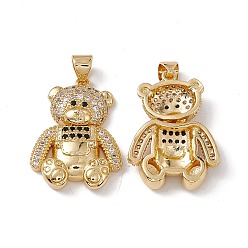 Black Brass Micro Pave Cubic Zirconia Pendants, Bear Charm, Real 18K Gold Plated, Black & Clear, 24.5x18x4.5mm, Hole: 4x3mm