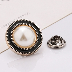 Black Plastic Brooch, Alloy Pin, with Enamel, Imitation Pearl, for Garment Accessories, Round, Black, 25mm