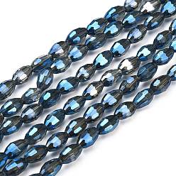 Blue Electroplate Glass Beads Strands, Full Rainbow Plated, Faceted, Oval, Blue, 6x4mm, Hole: 1mm, about 72pcs/strand, 16 inch