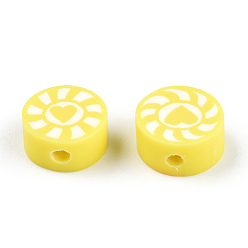 Yellow Handmade Polymer Clay Beads, Flat Round with Heart & Sun, Yellow, 9~10x5mm, Hole: 1.6mm