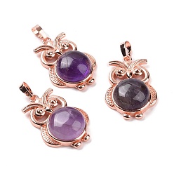 Amethyst Natural Amethyst Pendants, Owl Charms, with Rose Gold Tone Rack Plating Brass Findings, 35x23.5x8~9mm, Hole: 8x5mm