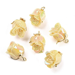 Yellow Opaque Resin Pendants, AB Color, Flower Charms with Golden Tone Alloy Leaf, Yellow, 18.5x10x10mm, Hole: 1.4mm
