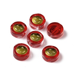 Red Transparent Spray Painted Glass Beads, with Golden Brass Findings, Flat Round with Smile, Red, 11.5x4mm, Hole: 1.2mm