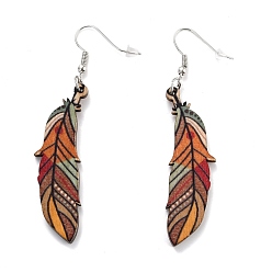 Colorful Bohemia Vintage Wood Feather Dangle Earrings, Zinc Alloy Drop Earrings for Women, Colorful, 71.5mm, Pin: 0.7mm