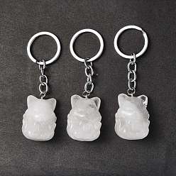 Cristal de Quartz Porte-clés en cristal de quartz naturel, avec des fermoirs porte-clés en fer, fox, 8 cm