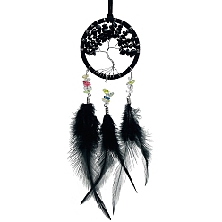 Black Iron & Glass Pendant Hanging Decoration, Woven Net/Web with Feather Car Hanging Decor, Flat Round with Tree of Life, Black, 460mm