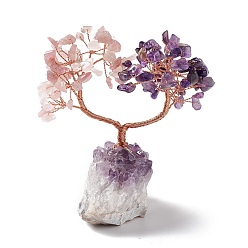Amethyst Natural Amethyst & Rose Quartz Tree Display Decoration, Druzy Amethyst Base Feng Shui Ornament for Wealth, Luck, Love, Rose Gold Brass Wires Wrapped, 40~54x82~93x106~120mm