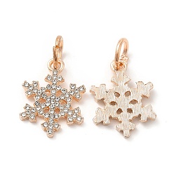 Oro Rosa Colgantes de diamantes de imitación de cristal de aleación de chapado en rack, con anillos de salto, encantos de copo de nieve, oro rosa, 20.5x15.5x2 mm, agujero: 6 mm