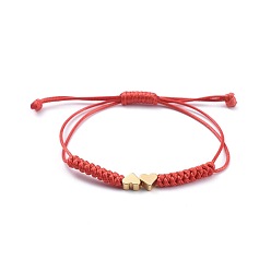 Rouge Bracelets de perles tressées coréennes réglables en cordon de polyester ciré unisexe, bracelets ficelle rouge, avec des perles en laiton, cœur, réel 18 k plaqué or, rouge, 2.2~7.8 cm